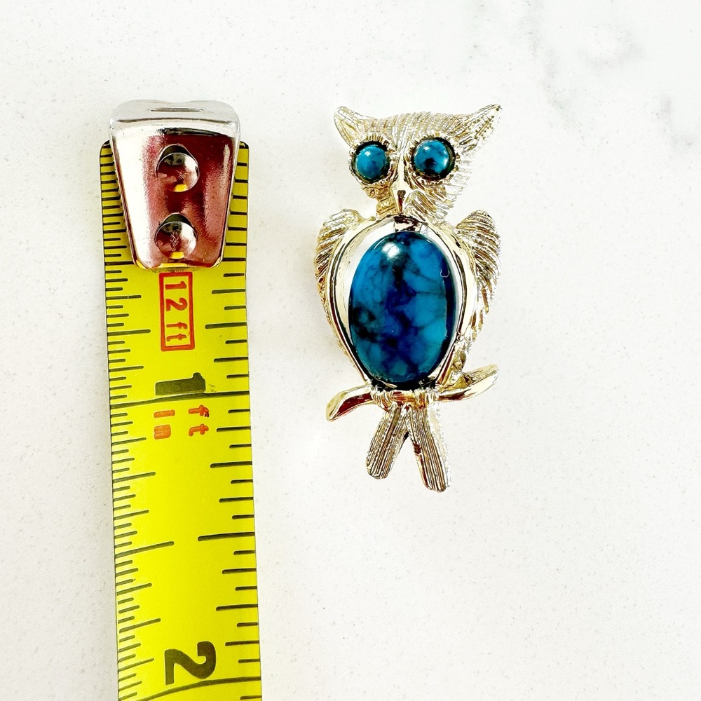 Gold-tone Vintage Owl Brooch Faux Turquoise - Picture 5 of 7